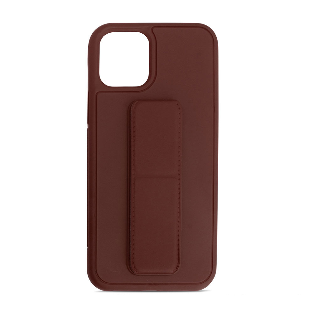PU LEATHER Hand Grip Kickstand Case with Metal Plate for iPhone 12 / iPhone 12 Pro 6.1 inch (Brown)